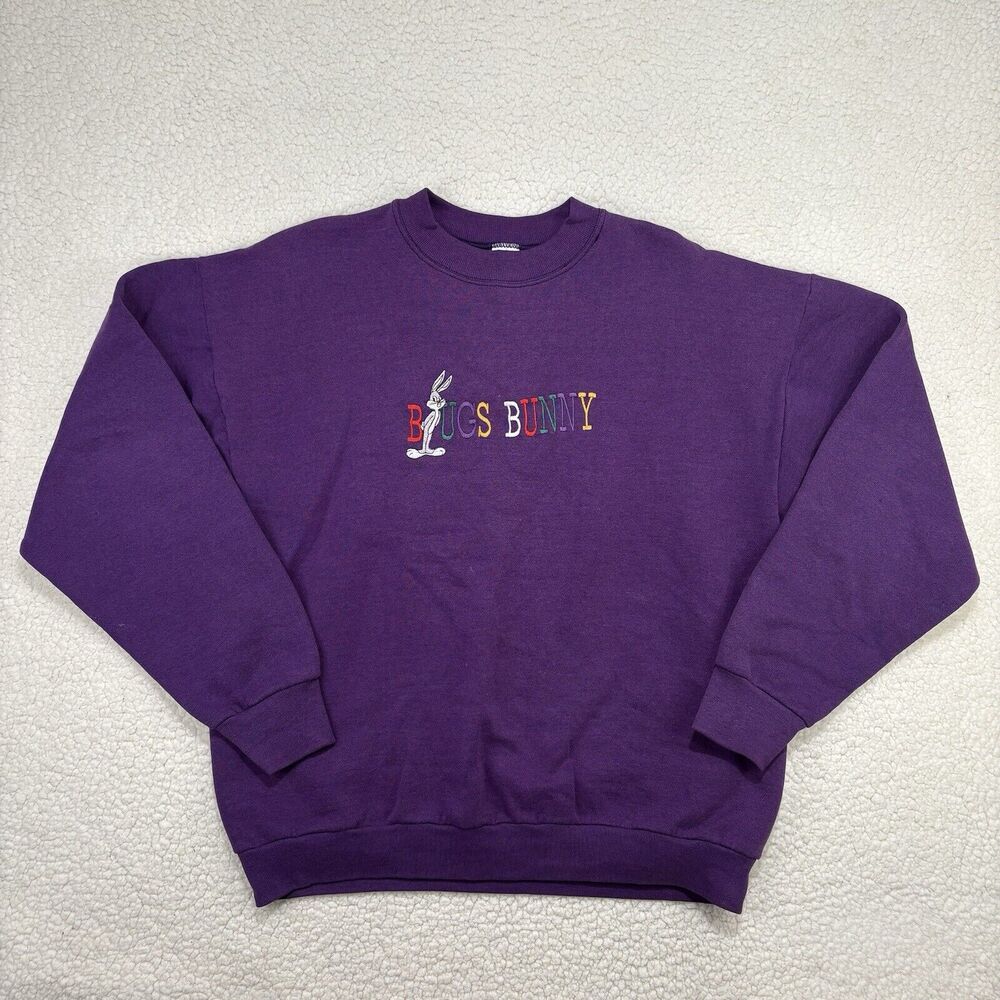 Vintage Bugs Bunny Looney Tunes Sweatshirt Purple Womens XL Embroidered Warner‎